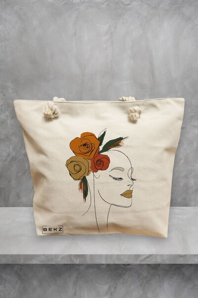BEKZ Geanta de plaja, Flower Lady 15, 40x51 cm, Crem, BEKZ®