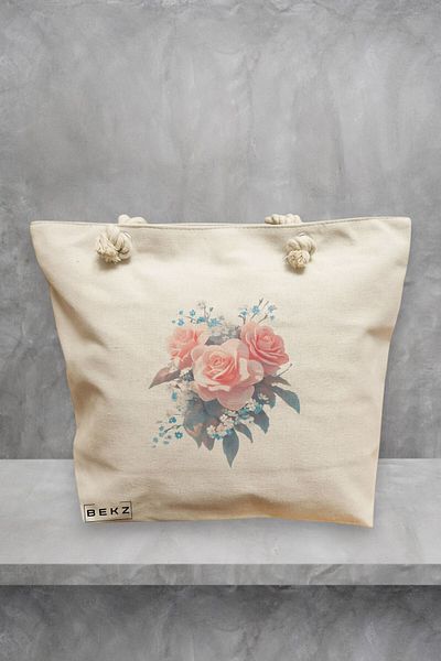 BEKZ Geanta de plaja, model Flowers 17, 40x51 cm, Crem, BEKZ®
