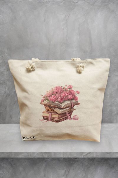 BEKZ Geanta de plaja, model Books and flowers 4, 40x51 cm, Crem, BEKZ®
