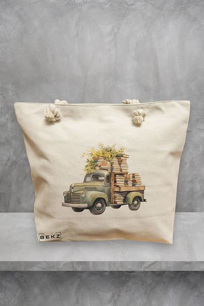 BEKZ Geanta de plaja, model The flower truck with books, 40x51 cm, Crem, BEKZ®