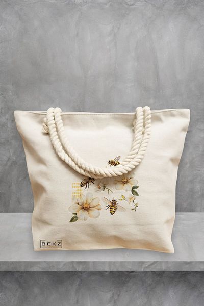 BEKZ Geanta de plaja, model Bees and flowers, 40x51 cm, Crem, BEKZ®