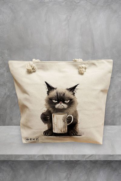 BEKZ Geanta de plaja, model Lazy Cat, 40x51 cm, Crem, BEKZ®