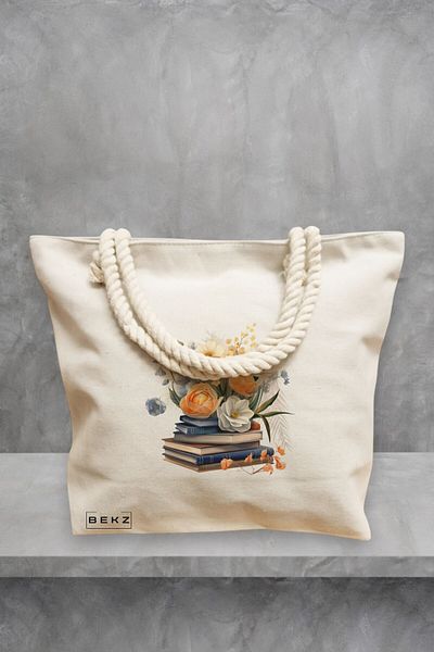 BEKZ Geanta de plaja, model Books and flowers 17, 40x51 cm, Crem, BEKZ®