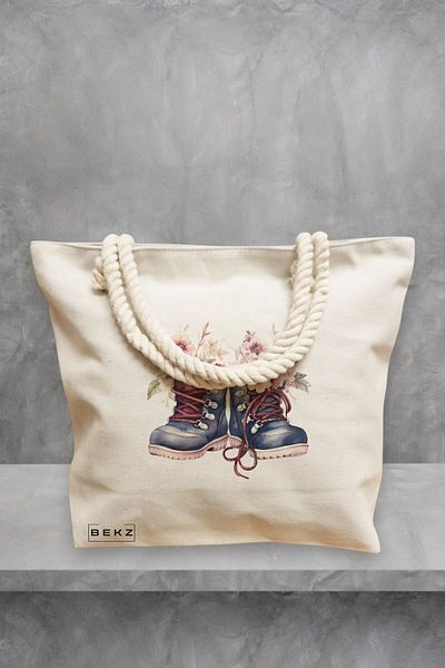 BEKZ Geanta de plaja, model Flowers 20, 40x51 cm, Crem, BEKZ®