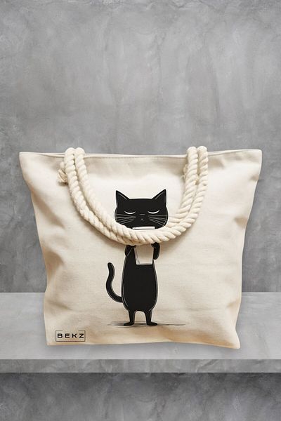 BEKZ Geanta de plaja, model Caffeine Cat 8, 40x51 cm, Crem, BEKZ®