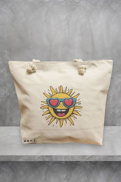 BEKZ Geanta de plaja, model Sun faces 5, 40x51 cm, Crem, BEKZ®