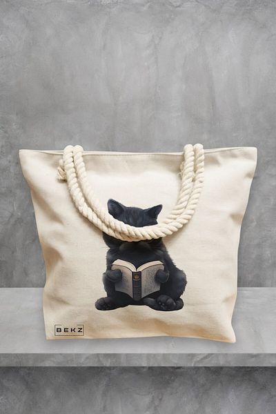 BEKZ Geanta de plaja, model Reading cat 9, 40x51 cm, Crem, BEKZ®