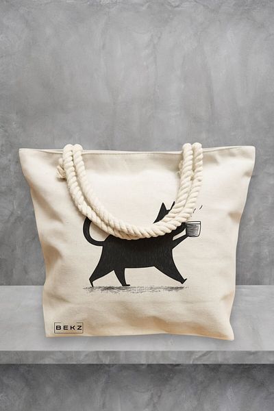 BEKZ Geanta de plaja, model Caffeine Cat, 40x51 cm, Crem, BEKZ®