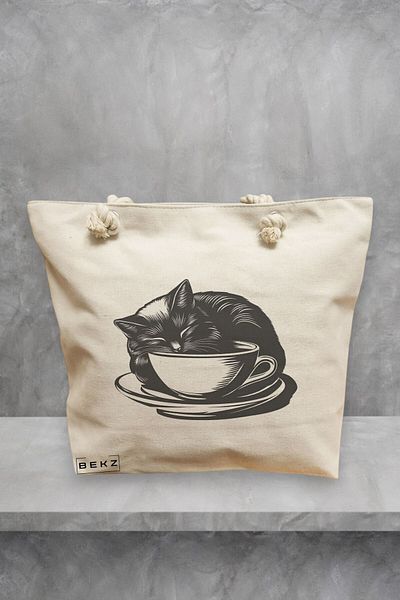 BEKZ Geanta de plaja, model Caffeine Cat 25, 40x51 cm, Crem, BEKZ®