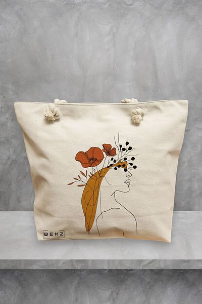 BEKZ Geanta de plaja, Flower Lady 20, 40x51 cm, Crem, BEKZ®