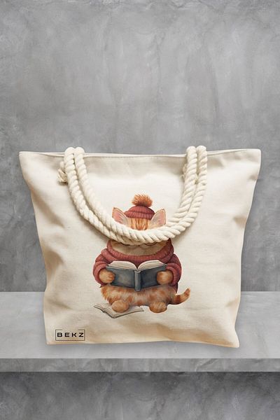 BEKZ Geanta de plaja, model Reading cat 1, 40x51 cm, Crem, BEKZ®