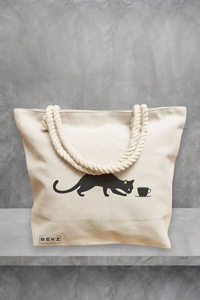 BEKZ Geanta de plaja, model Caffeine Cat 5, 40x51 cm, Crem, BEKZ®