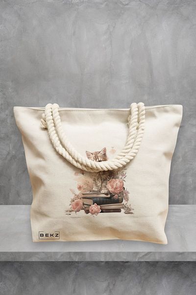 BEKZ Geanta de plaja, model Reading cat 11, 40x51 cm, Crem, BEKZ®