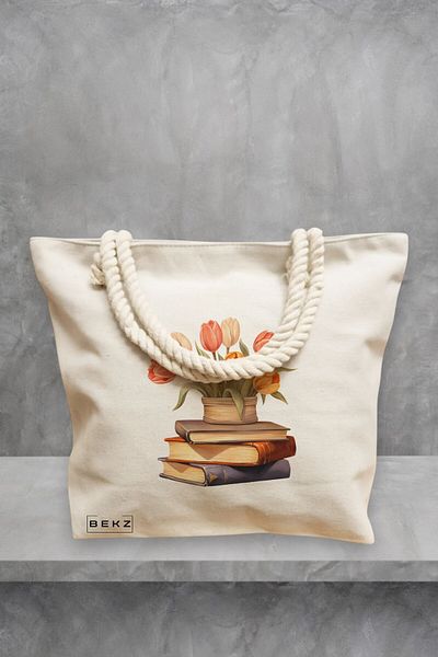 BEKZ Geanta de plaja, model Books and flowers 13, 40x51 cm, Crem, BEKZ®