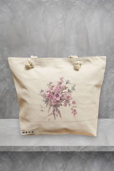 BEKZ Geanta de plaja, model Flowers 4, 40x51 cm, Crem, BEKZ®