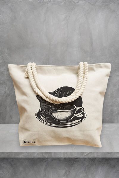 BEKZ Geanta de plaja, model Caffeine Cat 24, 40x51 cm, Crem, BEKZ®