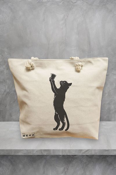 BEKZ Geanta de plaja, model Caffeine Cat 7, 40x51 cm, Crem, BEKZ®