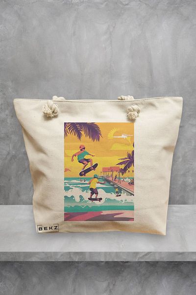 BEKZ Geanta de plaja, model Tropical Sunset 3, 40x51 cm, Crem, BEKZ®
