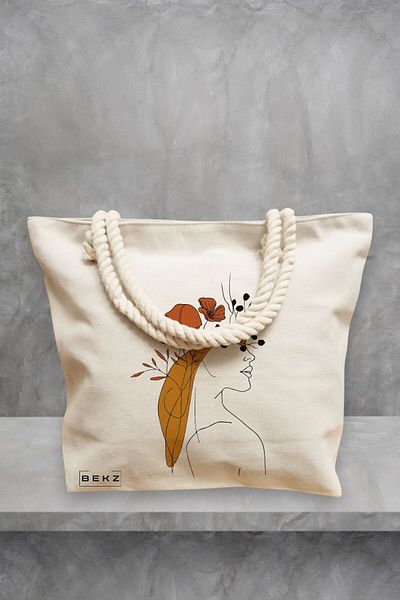 BEKZ Geanta de plaja, Flower Lady 20, 40x51 cm, Crem, BEKZ®