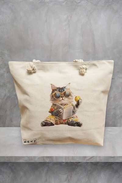 BEKZ Geanta de plaja, model Reading cat 4, 40x51 cm, Crem, BEKZ®