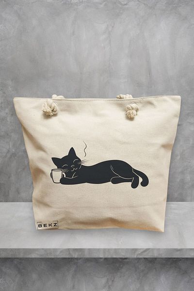 BEKZ Geanta de plaja, model Caffeine Cat 20, 40x51 cm, Crem, BEKZ®