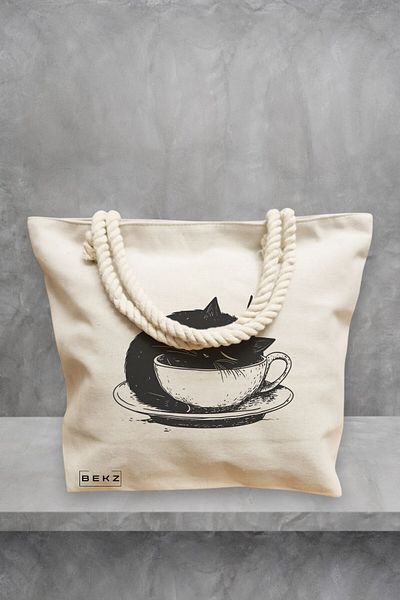 BEKZ Geanta de plaja, model Caffeine Cat 23, 40x51 cm, Crem, BEKZ®