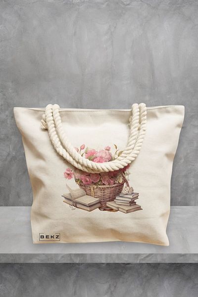 BEKZ Geanta de plaja, model Books and flowers 2, 40x51 cm, Crem, BEKZ®