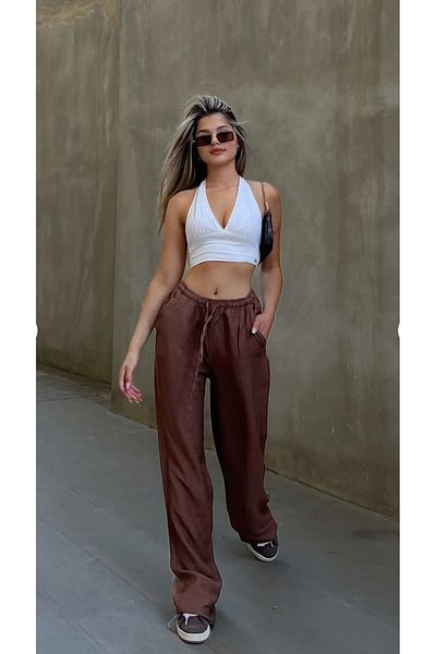 NATUFIAN STORE Women's Linen Blend Loose Cut High Waist Trousers