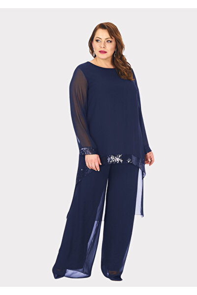 LİLAS XXL Büyük Beden Lacivert Renkli Şifon Abiye Pantolon Bluz Takım