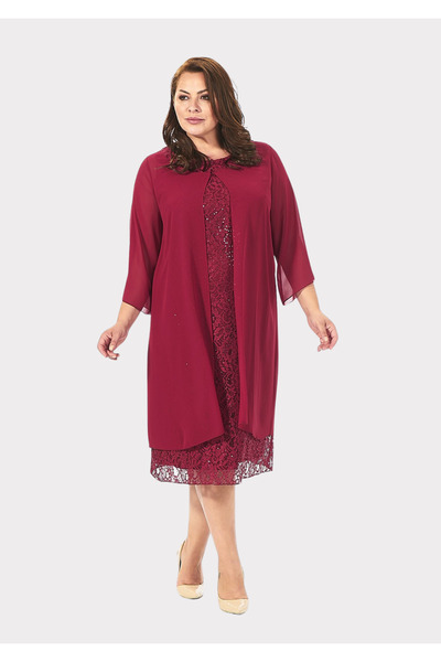 LİLAS XXL Büyük Beden Bordo Renkli Dantelli Dantelli Şifon Ceketli Abiye Elbise