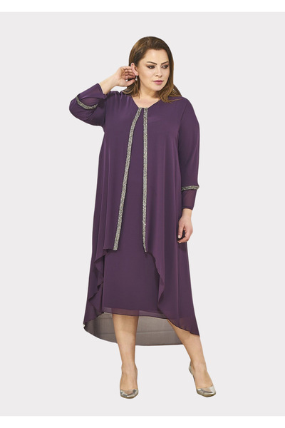 LİLAS XXL Plus Size - Plum Colored Rhinestone Short Evening Dress