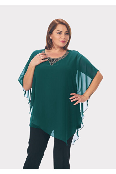 LİLAS XXL Büyük Beden Yeşil Renkli Salaş Şifon Bluz