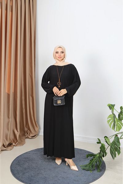 NİSUM MODA Pleated Sandy Dress with Necklace