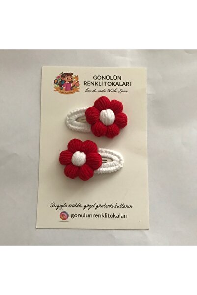 Gönülden Aksesuar 4cm Oval Silver Metal Snap Hand-Knitted Colors White Red Fl...