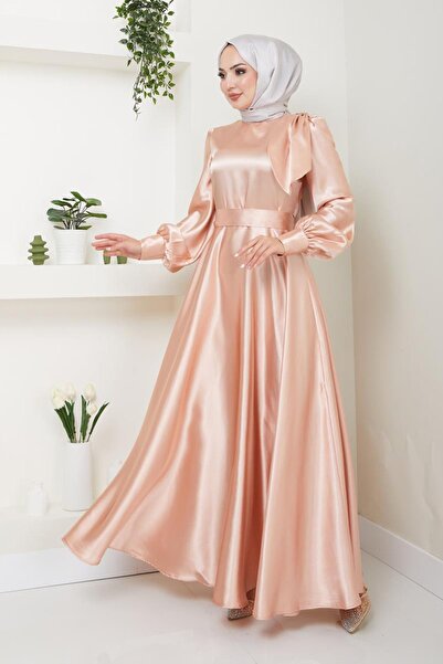 Ayşe Melek Kadın Giyim Abiye Moda saten fiyonklu uzun tesettür abiye elbise 2745