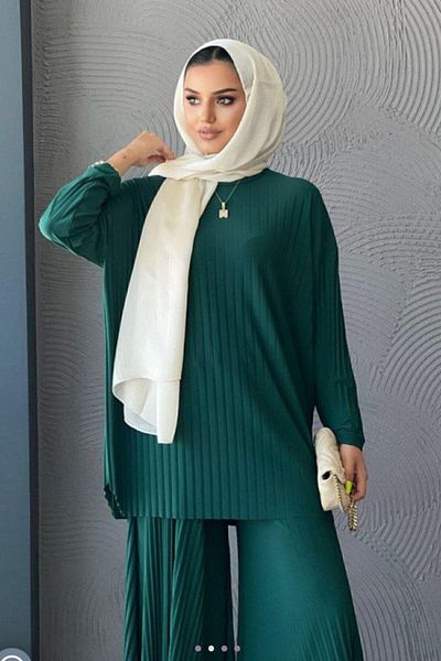 modamira Emerald Sandy Women's Set - Pleated and Hijab Trousers