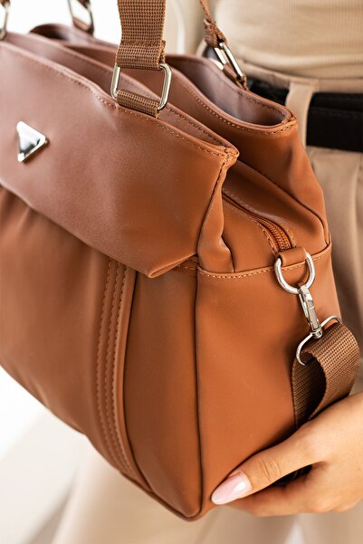 Sanmorris Women's Tan Color Satin Fabric 5 Compartment Adjustable Cross Strap Hand and Shoulder Bag