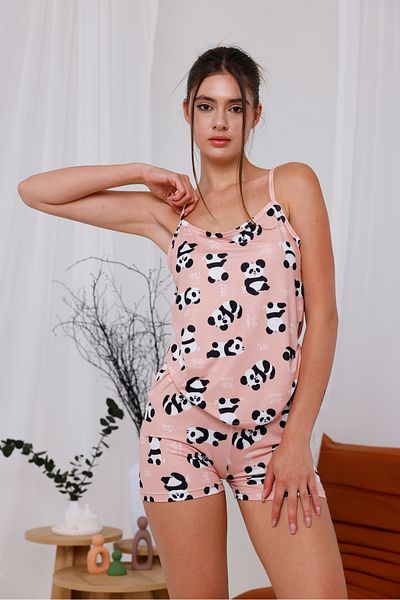 Arvin Pijama Women's Panda Printed Soft Textured Knitted Pajama Set with String Strap Shorts