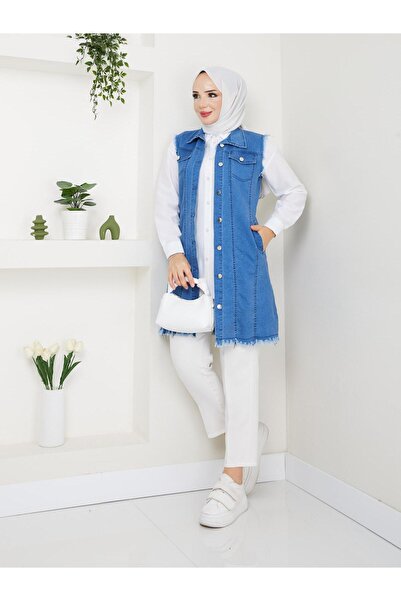 exxitcollection Vestă de blugi moale și confortabilă pentru femei Hijab cu buzunare