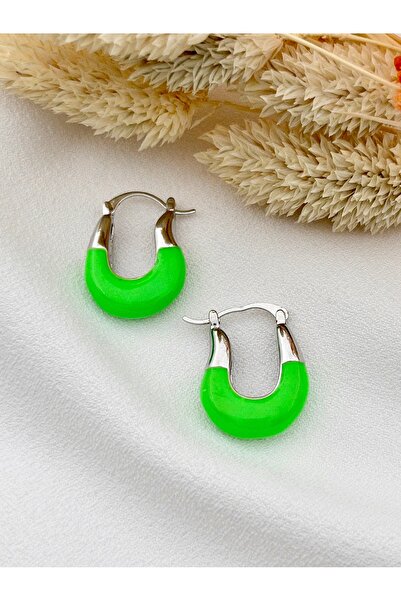 Siya Silver أقراط ستيل مينا أخضر موديل U - 2.4 سم لون فضي