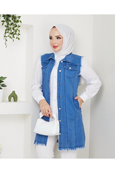 exxitcollection Vestă de blugi moale și confortabilă pentru femei Hijab cu buzunare