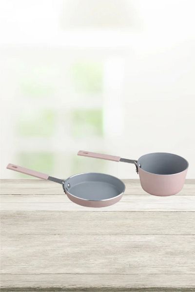 Parfait 2-Piece Durable Non-Stick Aluminium Mini Cookware Set Pink and Grey 10 x 10cm