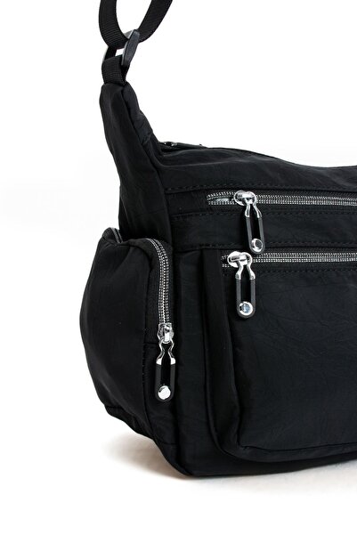 Sanmorris Women's Multi-Compartment Waterproof Parachute Fabric Black Adjustable Crossbody Shoulder Bag