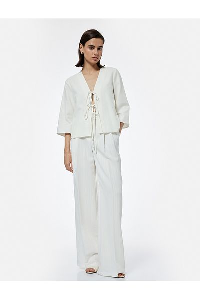 Koton Linen Blend Loose Fit Front Tie Detail Bow 3/4 Sleeve Blouse