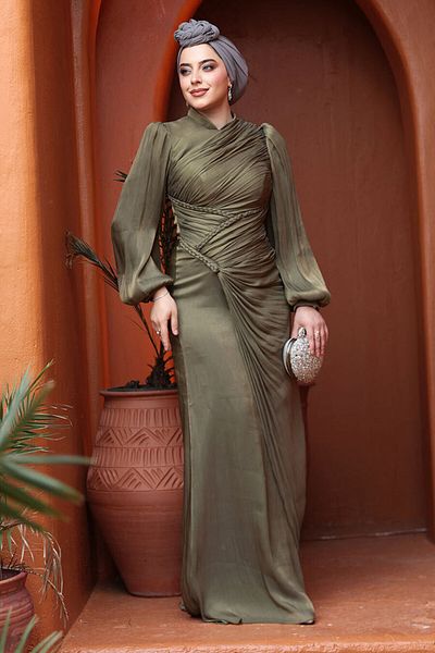 N.S NEVA STYLE Βραδινό φόρεμα Draped Khaki Hijab 50781HK