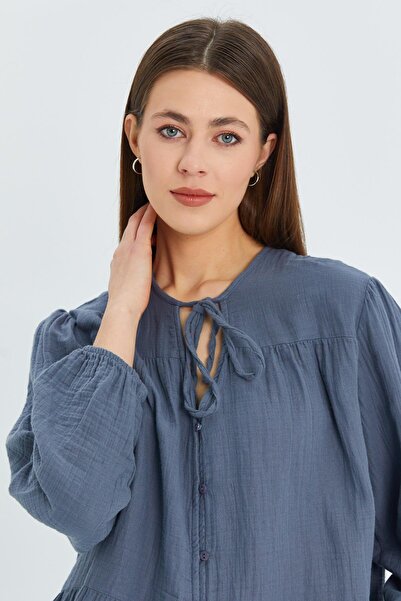 Mixray 4563 Model - Anthracite Color Women's Muslin Shirt with Tie-Up Collar and Elastic Sleeves