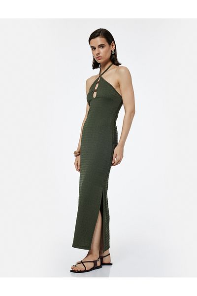 Koton Wrap Fabric Slim Fit Bead Detail Halter Neck Maxi Dress