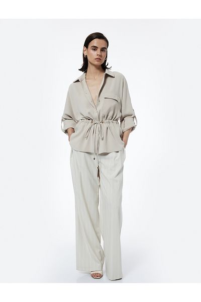 Koton Crepe Fabric Regular Fit Long Sleeve Shirt Jacket with Lacing Detail