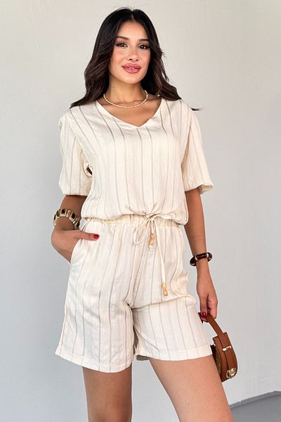 Cappmoda Tkm-03621 Cream Gilded Cotton Fabric Gathered Blouse Elastic Shorts Set of Two