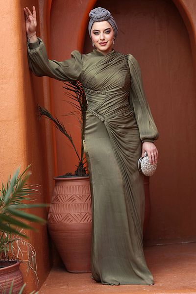 N.S NEVA STYLE Βραδινό φόρεμα Draped Khaki Hijab 50781HK